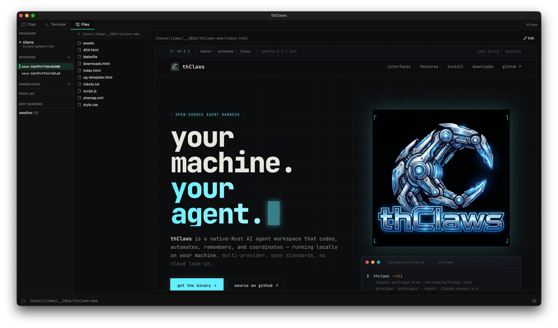 thClaws Files tab — landing-page source open in the editor with file tree